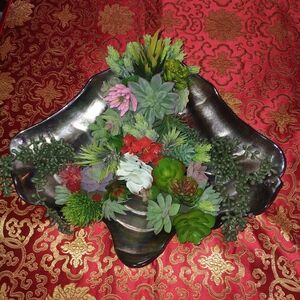 Centerpiece Silver Clamshell Bowl with Lush Green Faux Succulents